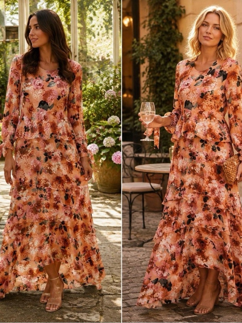 Jaase Peach and Pink Floral Tiered Maxi Dress Small